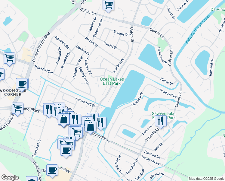 map of restaurants, bars, coffee shops, grocery stores, and more near 2169 Bierce Drive in Virginia Beach