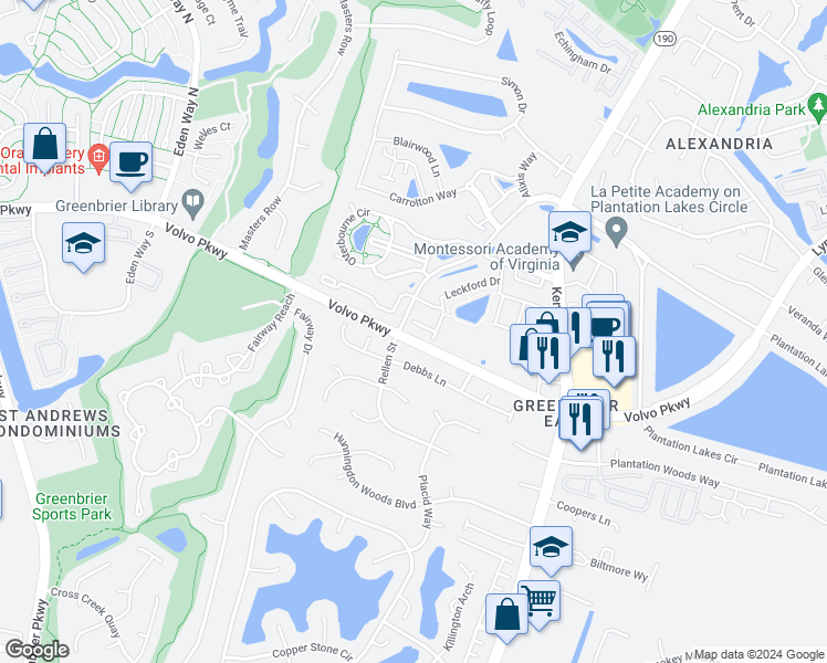 map of restaurants, bars, coffee shops, grocery stores, and more near 1519 Braishfield Court in Chesapeake