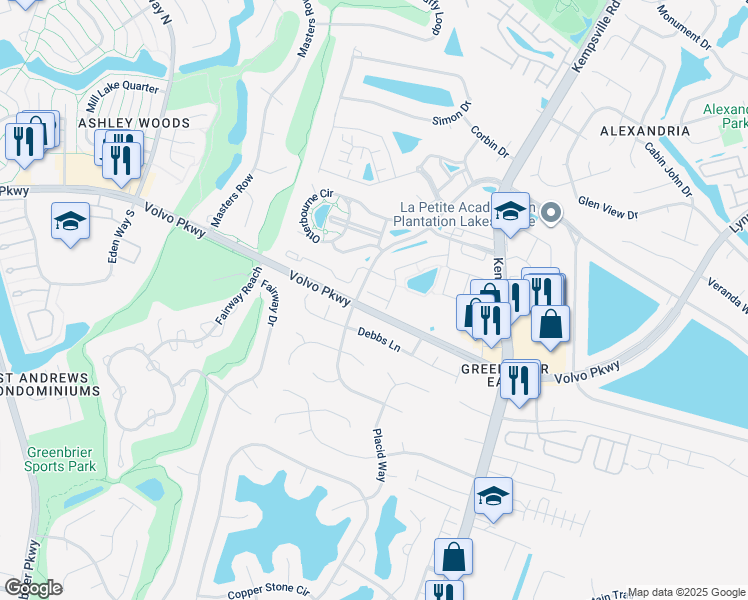map of restaurants, bars, coffee shops, grocery stores, and more near 1513 Braishfield Court in Chesapeake