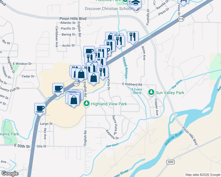 map of restaurants, bars, coffee shops, grocery stores, and more near 4000 Sierra Vista Drive in Farmington