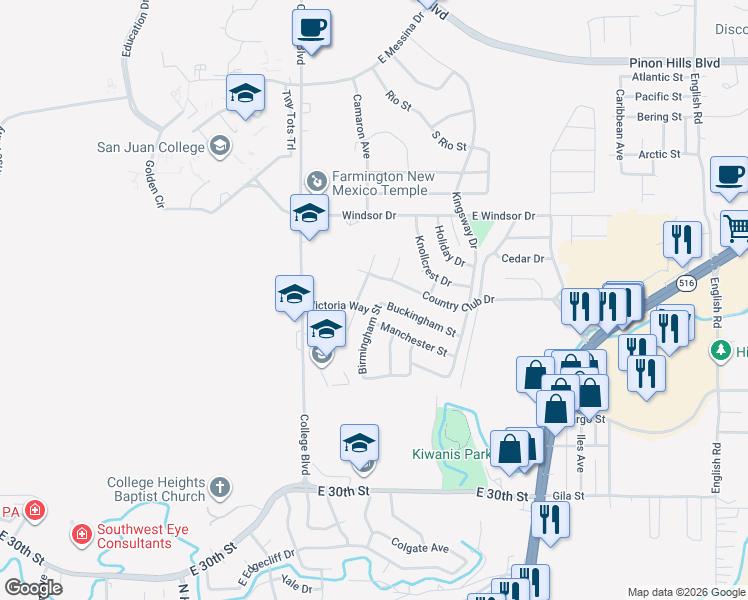map of restaurants, bars, coffee shops, grocery stores, and more near 4005 Birmingham Street in Farmington
