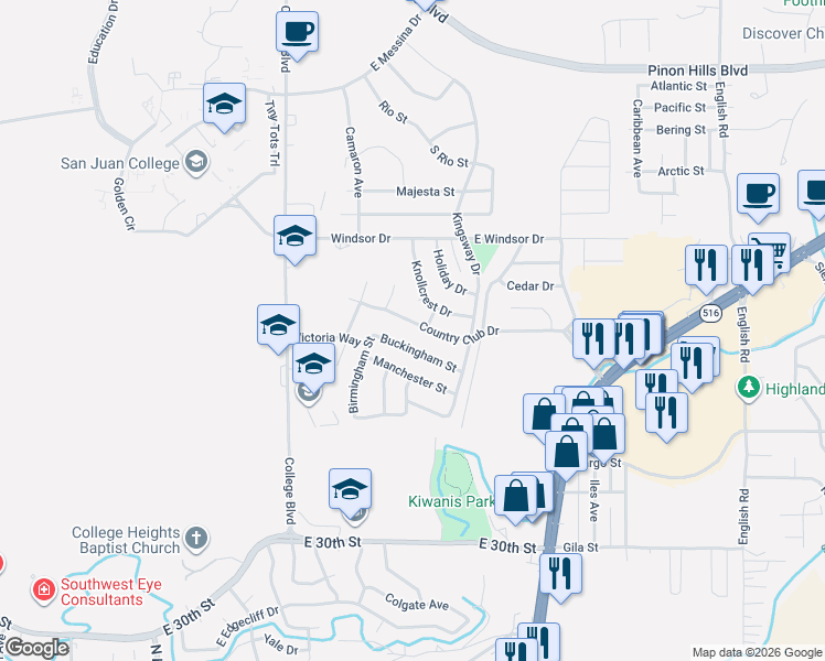 map of restaurants, bars, coffee shops, grocery stores, and more near 3801 Buckingham Street in Farmington