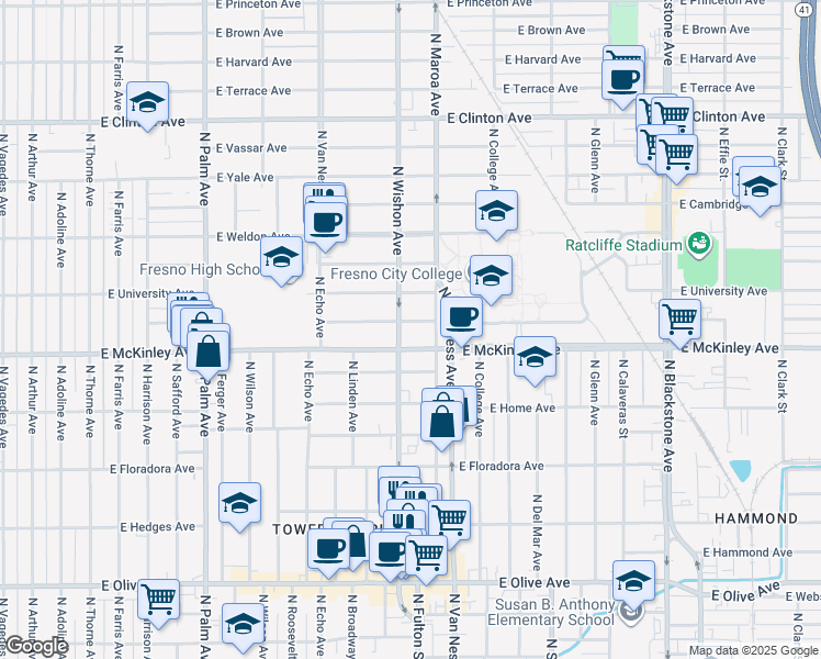 map of restaurants, bars, coffee shops, grocery stores, and more near 820 East McKinley Avenue in Fresno