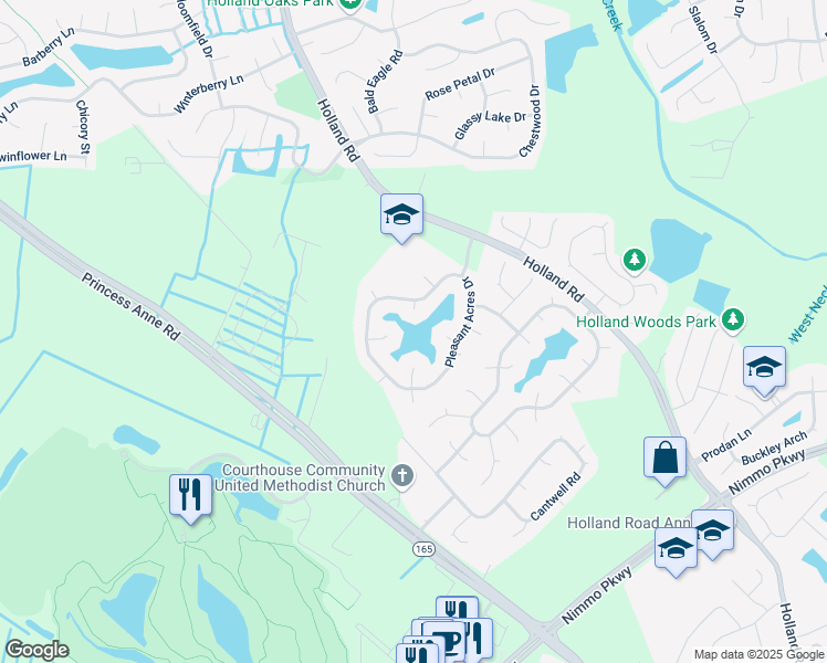 map of restaurants, bars, coffee shops, grocery stores, and more near 2105 Farmingdale Circle in Virginia Beach