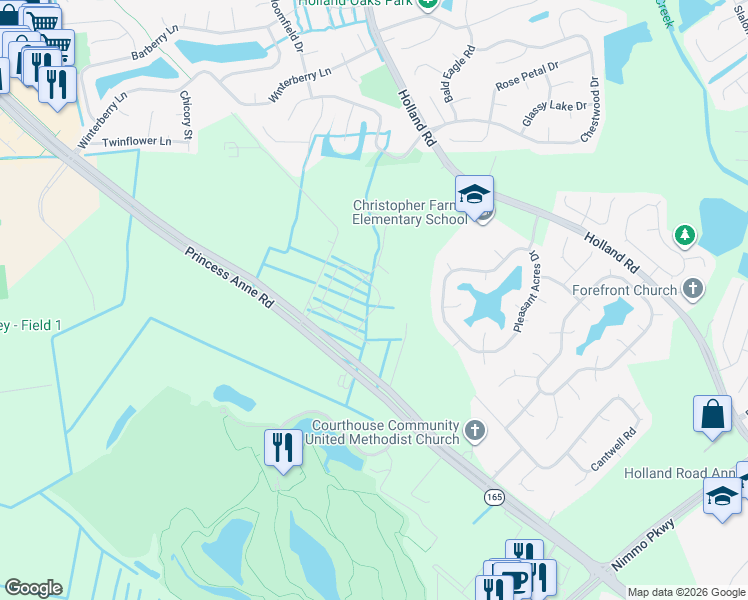 map of restaurants, bars, coffee shops, grocery stores, and more near 2969 Bermuda Grass Loop in Virginia Beach