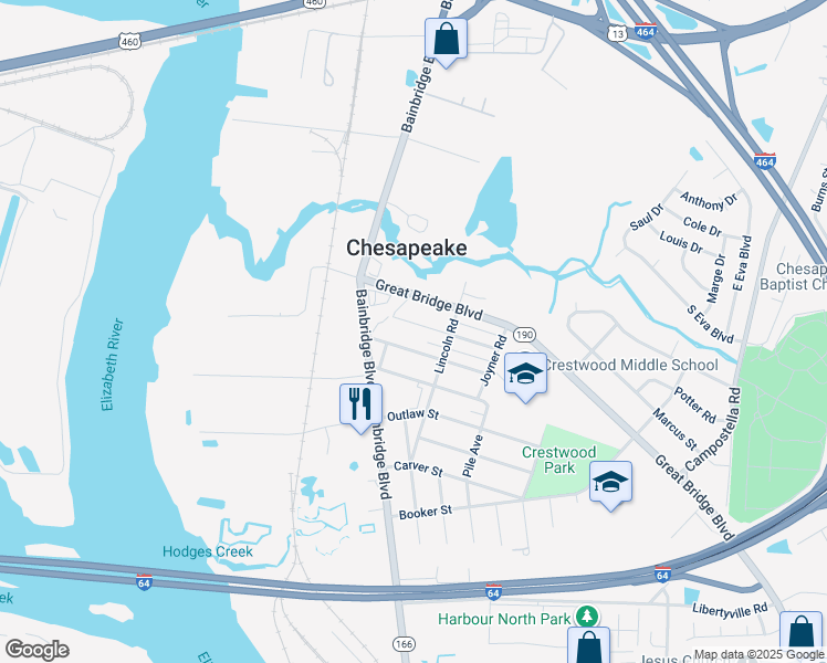 map of restaurants, bars, coffee shops, grocery stores, and more near 122 Gregg Street in Chesapeake