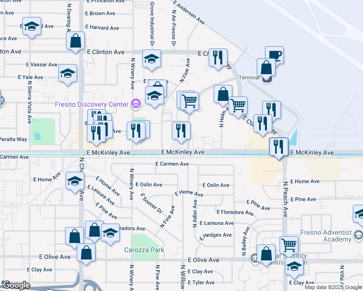 map of restaurants, bars, coffee shops, grocery stores, and more near 5007 East Carmen Avenue in Fresno