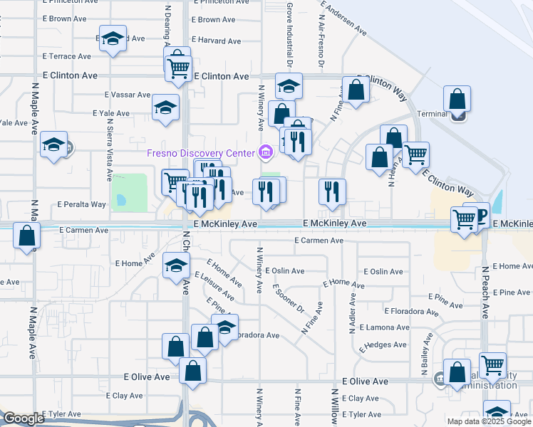 map of restaurants, bars, coffee shops, grocery stores, and more near 4903 East Carmen Avenue in Fresno