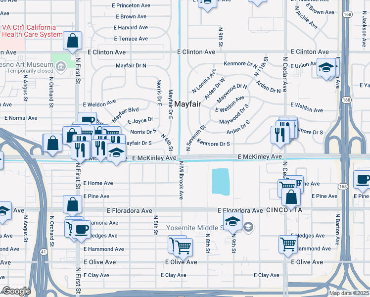 map of restaurants, bars, coffee shops, grocery stores, and more near 3664 East McKinley Avenue in Fresno