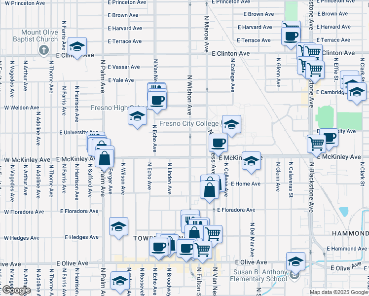 map of restaurants, bars, coffee shops, grocery stores, and more near 734 East Peralta Way in Fresno