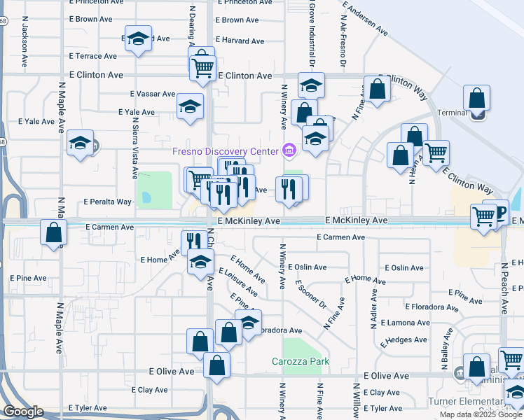 map of restaurants, bars, coffee shops, grocery stores, and more near 4879 East Carmen Avenue in Fresno
