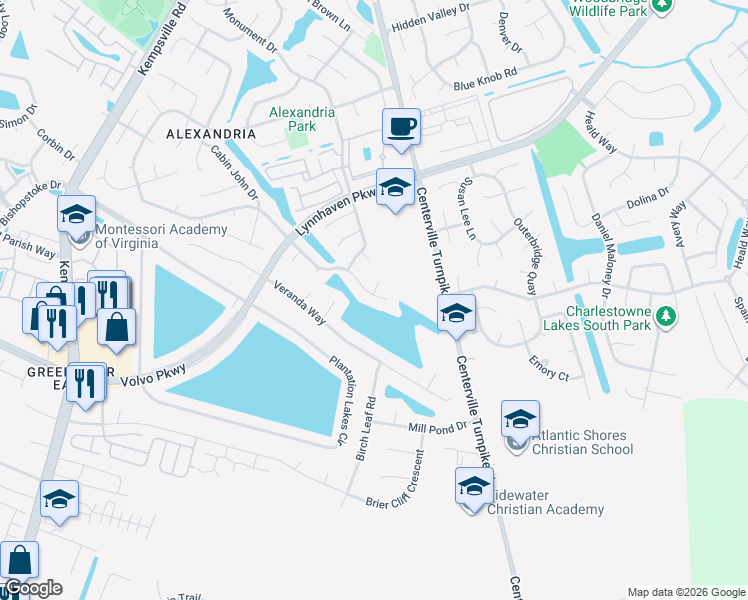map of restaurants, bars, coffee shops, grocery stores, and more near 6000 Glen View Drive in Virginia Beach