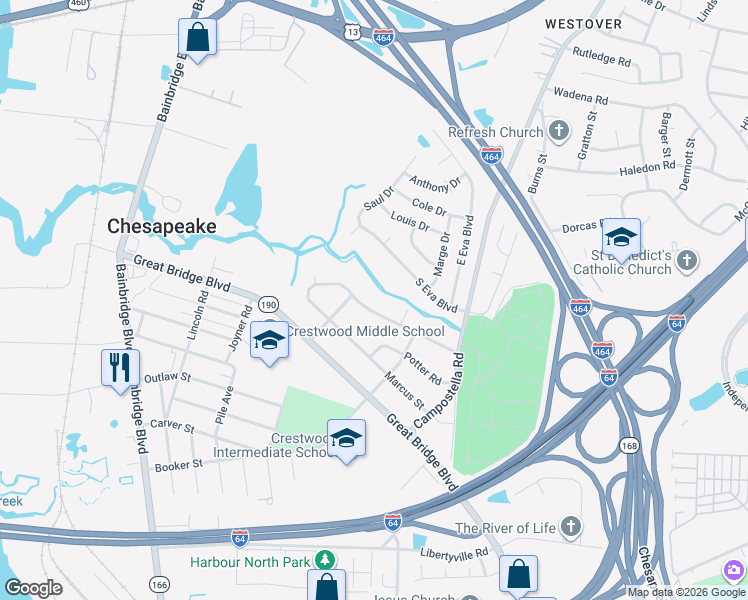 map of restaurants, bars, coffee shops, grocery stores, and more near 629 River Creek Road in Chesapeake