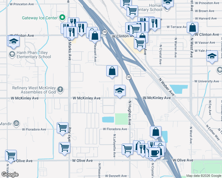 map of restaurants, bars, coffee shops, grocery stores, and more near 1631 North Lafayette Avenue in Fresno
