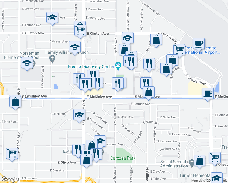 map of restaurants, bars, coffee shops, grocery stores, and more near 4903 East Carmen Avenue in Fresno