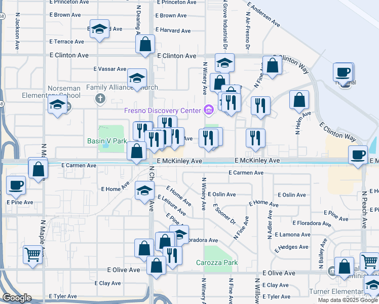 map of restaurants, bars, coffee shops, grocery stores, and more near 4879 East Carmen Avenue in Fresno