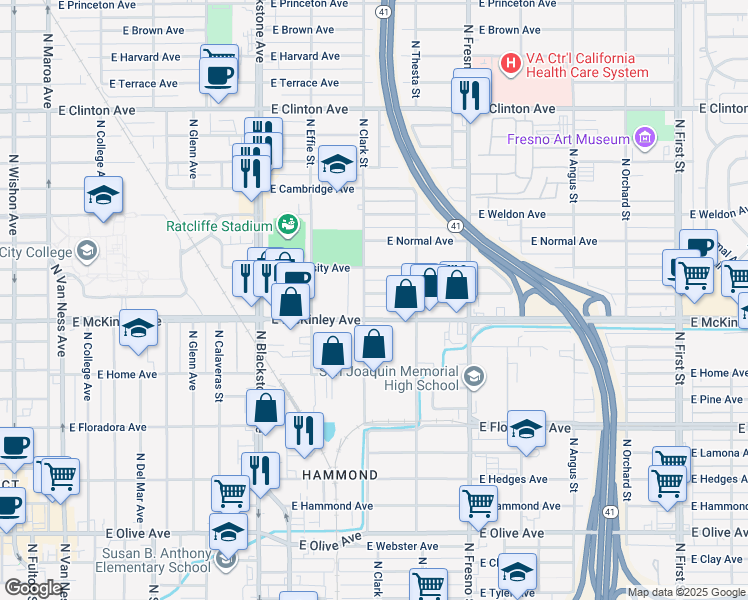 map of restaurants, bars, coffee shops, grocery stores, and more near 2121 East McKinley Avenue in Fresno