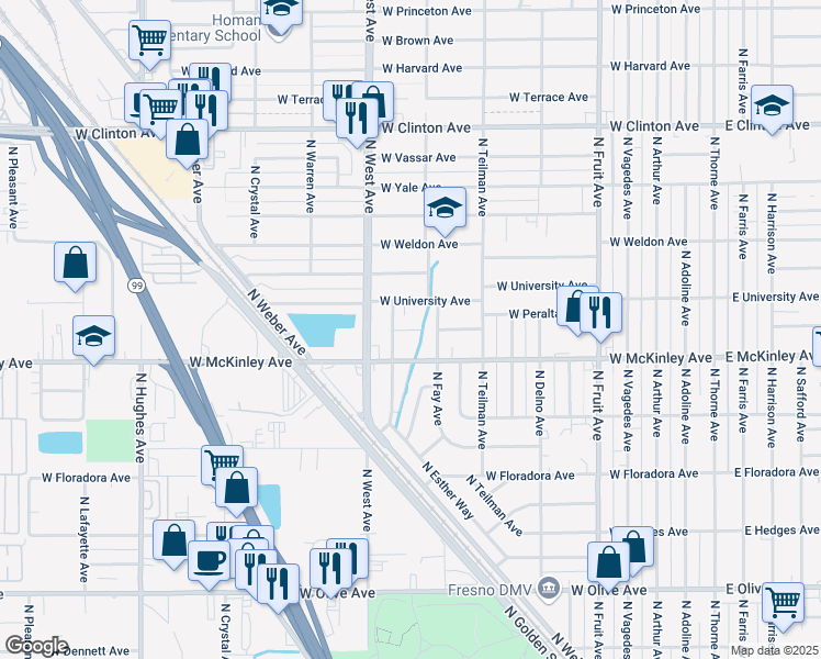 map of restaurants, bars, coffee shops, grocery stores, and more near 1020 West McKinley Avenue in Fresno