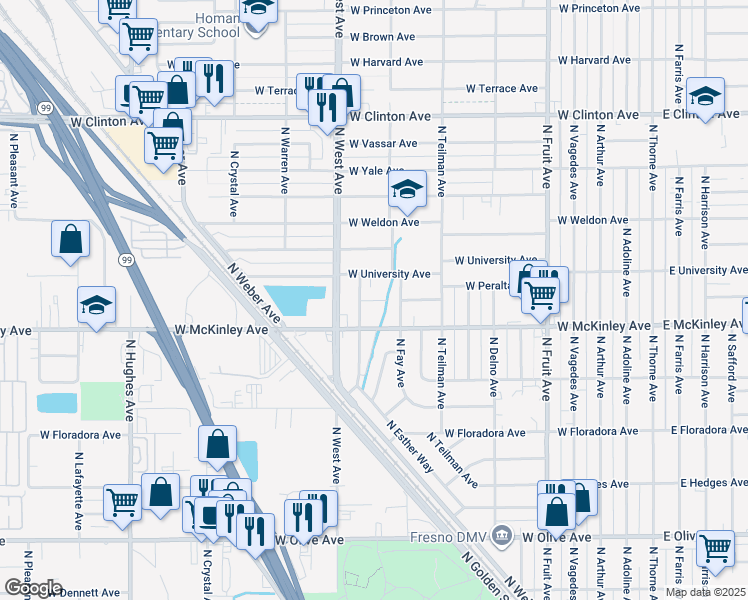 map of restaurants, bars, coffee shops, grocery stores, and more near 1020 West McKinley Avenue in Fresno