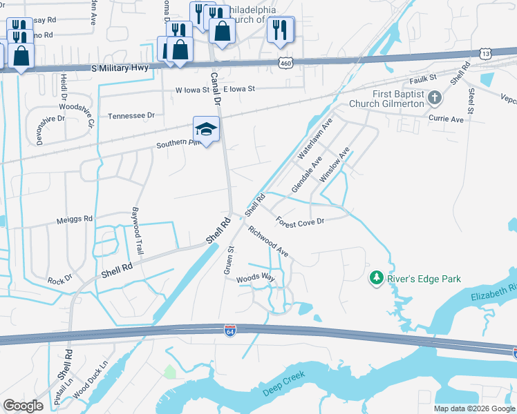 map of restaurants, bars, coffee shops, grocery stores, and more near 1209 Shell Road in Chesapeake