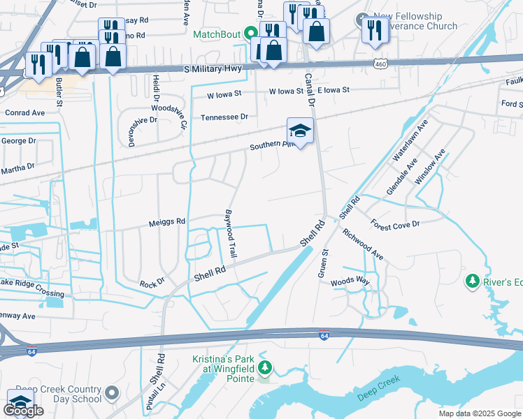 map of restaurants, bars, coffee shops, grocery stores, and more near 1012 Shell Road in Chesapeake