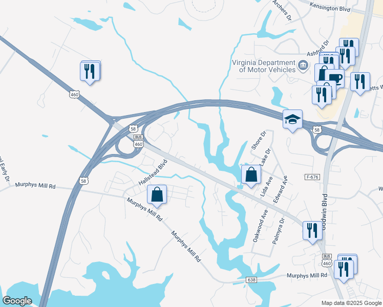 map of restaurants, bars, coffee shops, grocery stores, and more near 2568 Pruden Boulevard in Suffolk