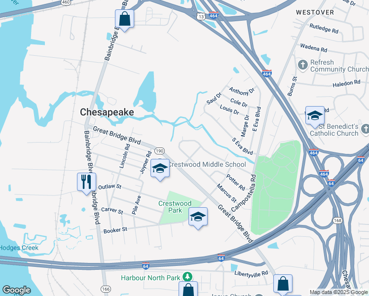 map of restaurants, bars, coffee shops, grocery stores, and more near 531 Marcus Street in Chesapeake