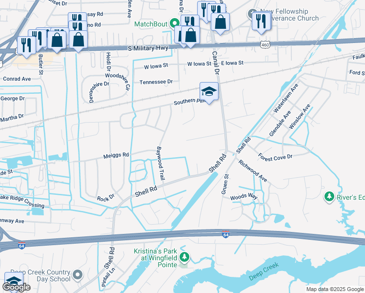 map of restaurants, bars, coffee shops, grocery stores, and more near 1012 Shell Road in Chesapeake