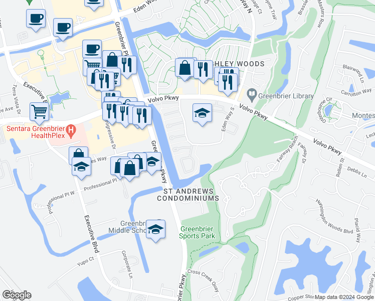 map of restaurants, bars, coffee shops, grocery stores, and more near 933 Spinnaker Court in Chesapeake