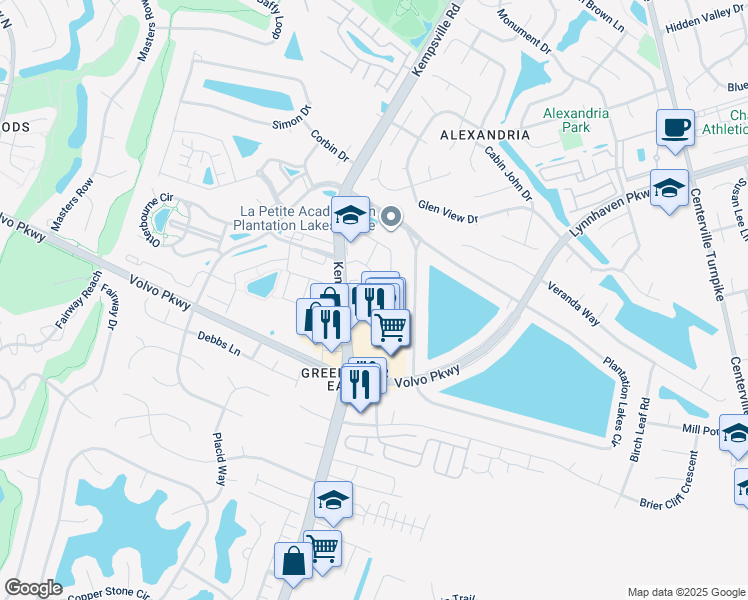 map of restaurants, bars, coffee shops, grocery stores, and more near 1441 Orchard Grove Drive in Chesapeake