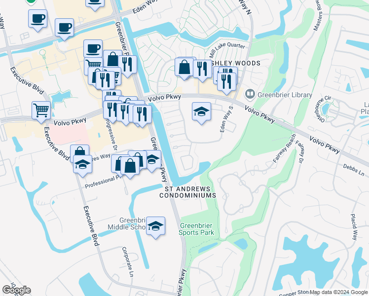 map of restaurants, bars, coffee shops, grocery stores, and more near 927 Spinnaker Court in Chesapeake
