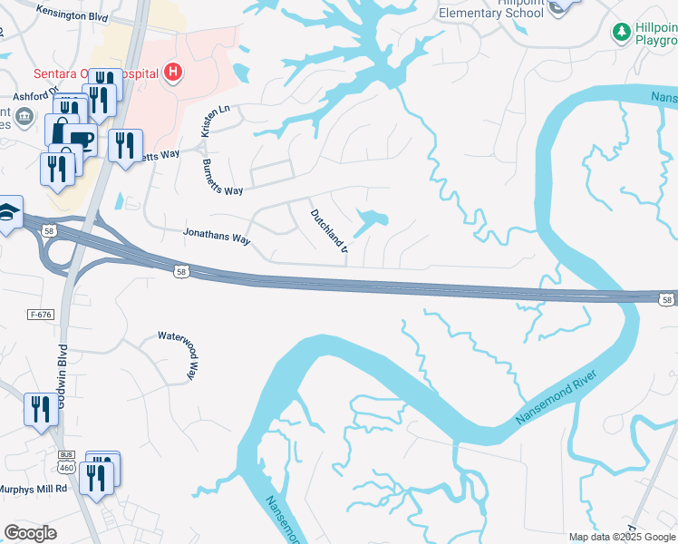 map of restaurants, bars, coffee shops, grocery stores, and more near 252 Jonathans Way in Suffolk