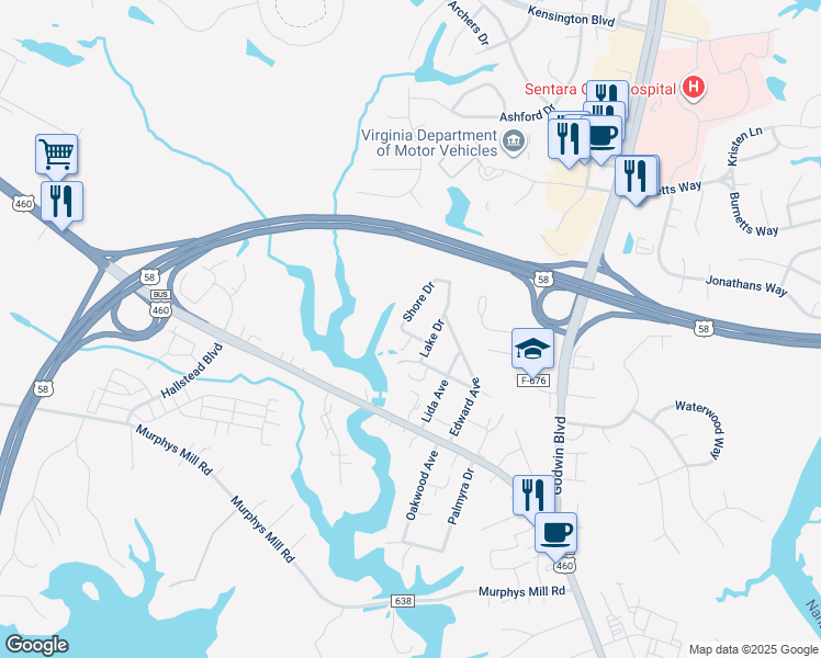 map of restaurants, bars, coffee shops, grocery stores, and more near 306 Shore Drive in Suffolk