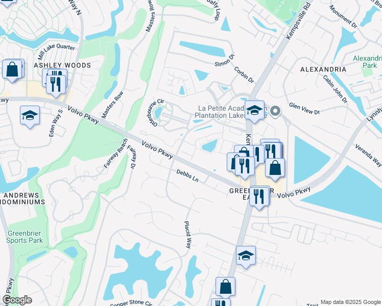 map of restaurants, bars, coffee shops, grocery stores, and more near 1318 Emsworth Drive in Chesapeake