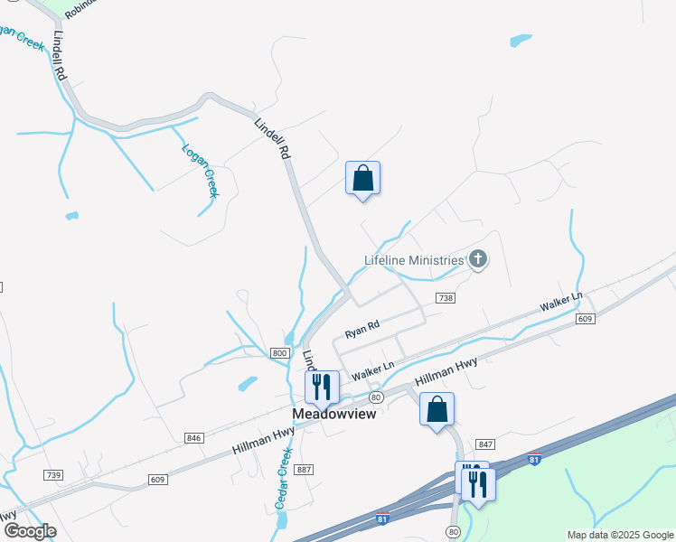 map of restaurants, bars, coffee shops, grocery stores, and more near 13011 Lindell Road in Meadowview
