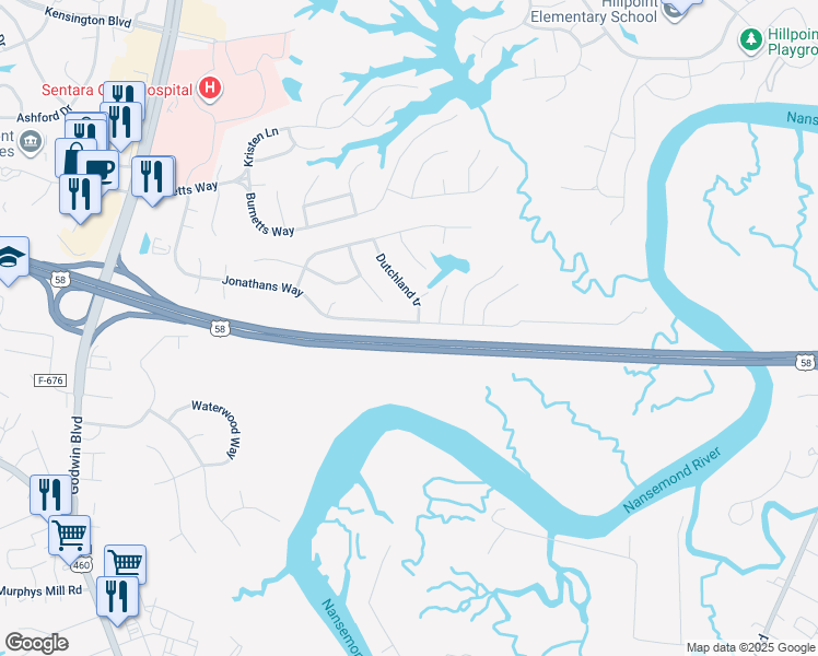 map of restaurants, bars, coffee shops, grocery stores, and more near 252 Jonathans Way in Suffolk