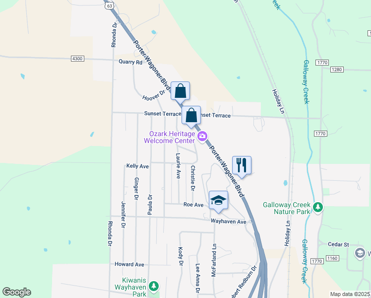 map of restaurants, bars, coffee shops, grocery stores, and more near 2961-3095 Christie Drive in West Plains
