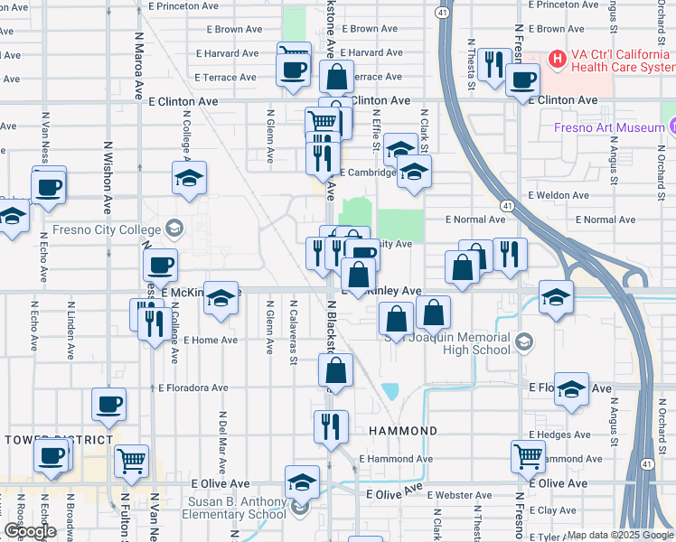 map of restaurants, bars, coffee shops, grocery stores, and more near 1744 East University Avenue in Fresno
