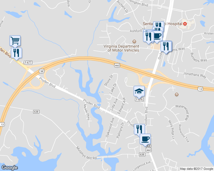 map of restaurants, bars, coffee shops, grocery stores, and more near 306 Shore Drive in Suffolk
