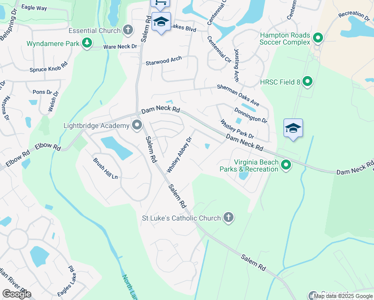 map of restaurants, bars, coffee shops, grocery stores, and more near 2120 Whitley Abbey Dr in Virginia Beach