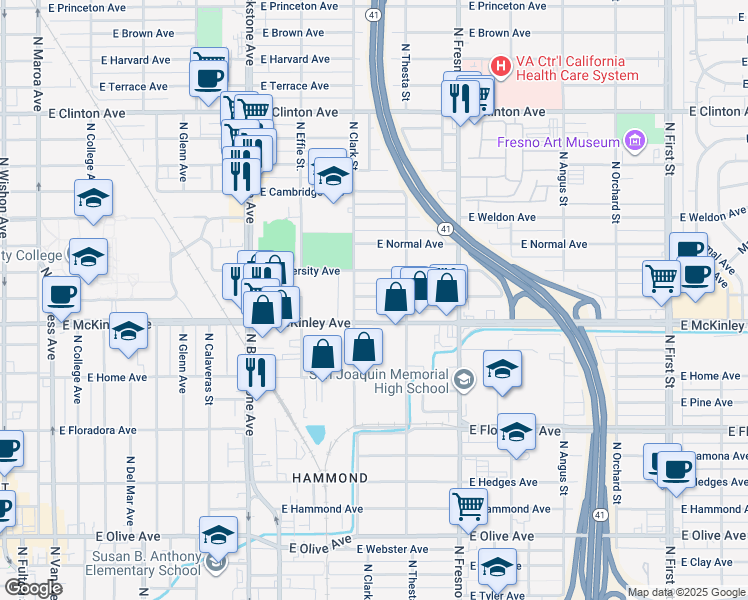 map of restaurants, bars, coffee shops, grocery stores, and more near 2124 East University Avenue in Fresno