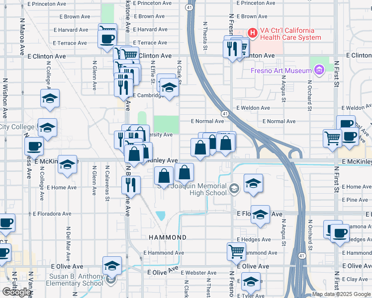 map of restaurants, bars, coffee shops, grocery stores, and more near 2124 East University Avenue in Fresno