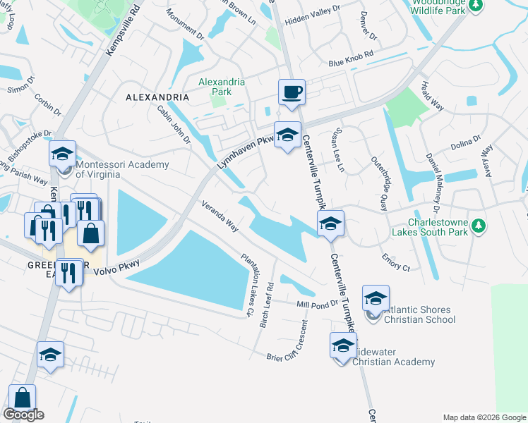 map of restaurants, bars, coffee shops, grocery stores, and more near 2109 Brandy Station Court in Virginia Beach