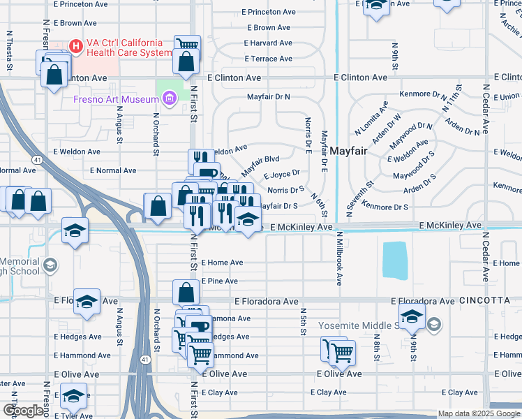 map of restaurants, bars, coffee shops, grocery stores, and more near 3362 Mayfair Drive South in Fresno
