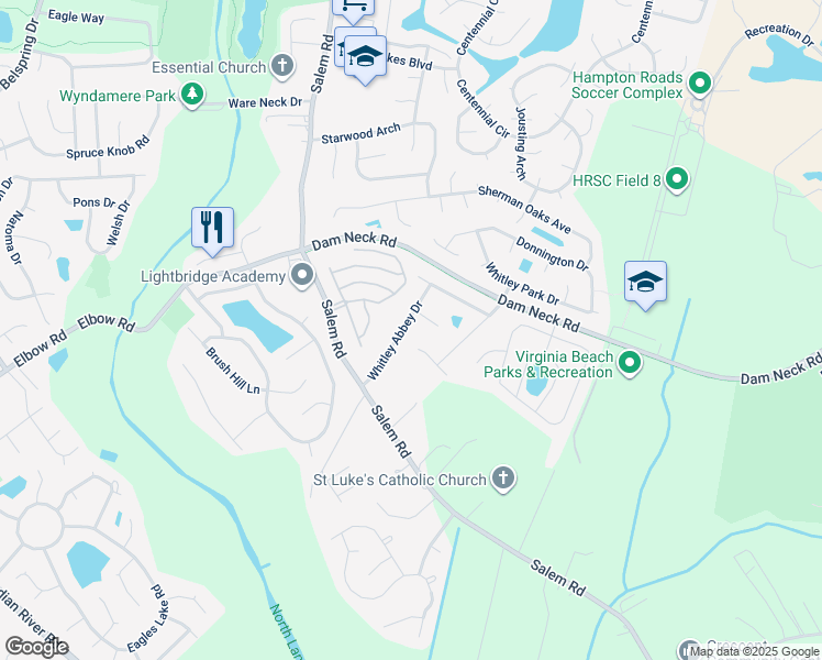 map of restaurants, bars, coffee shops, grocery stores, and more near 2120 Whitley Abbey Dr in Virginia Beach
