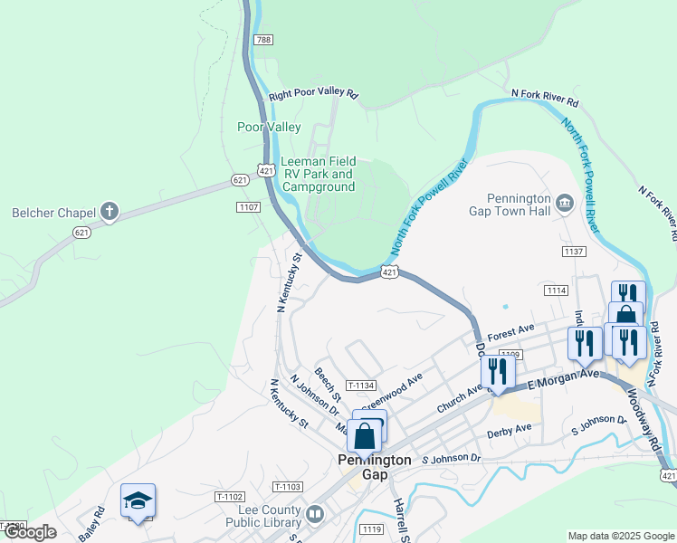 map of restaurants, bars, coffee shops, grocery stores, and more near 62 U.S. 421 in Pennington Gap