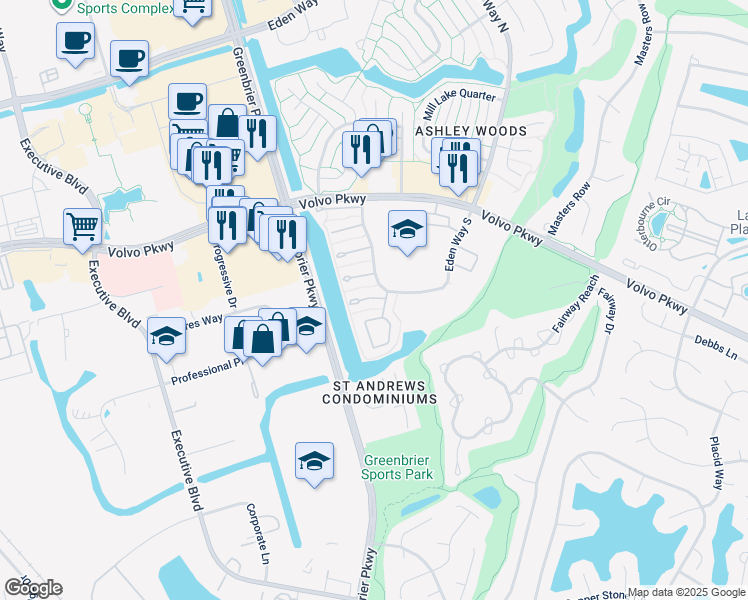 map of restaurants, bars, coffee shops, grocery stores, and more near 927 Spinnaker Court in Chesapeake