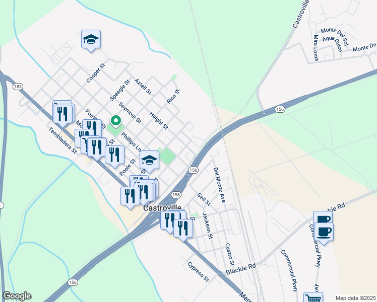 map of restaurants, bars, coffee shops, grocery stores, and more near 11220 Haight Street in Castroville