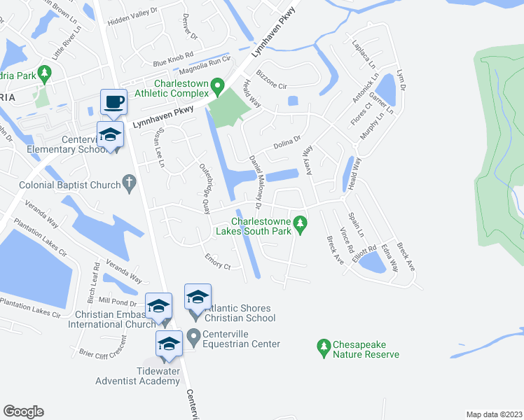 map of restaurants, bars, coffee shops, grocery stores, and more near 1004 Daniel Maloney Drive in Virginia Beach