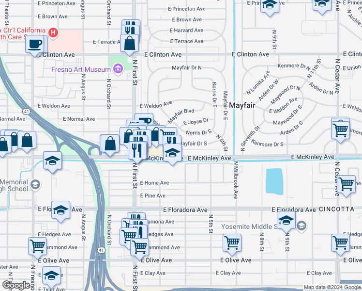 map of restaurants, bars, coffee shops, grocery stores, and more near 3364 Mayfair Drive South in Fresno